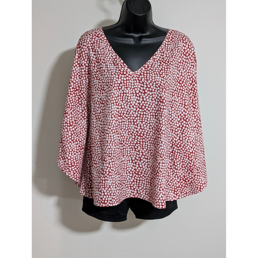 SHEIN Blouse Top V Neck Dolman Sleeve Orange & White Polka Dot Flowy XL